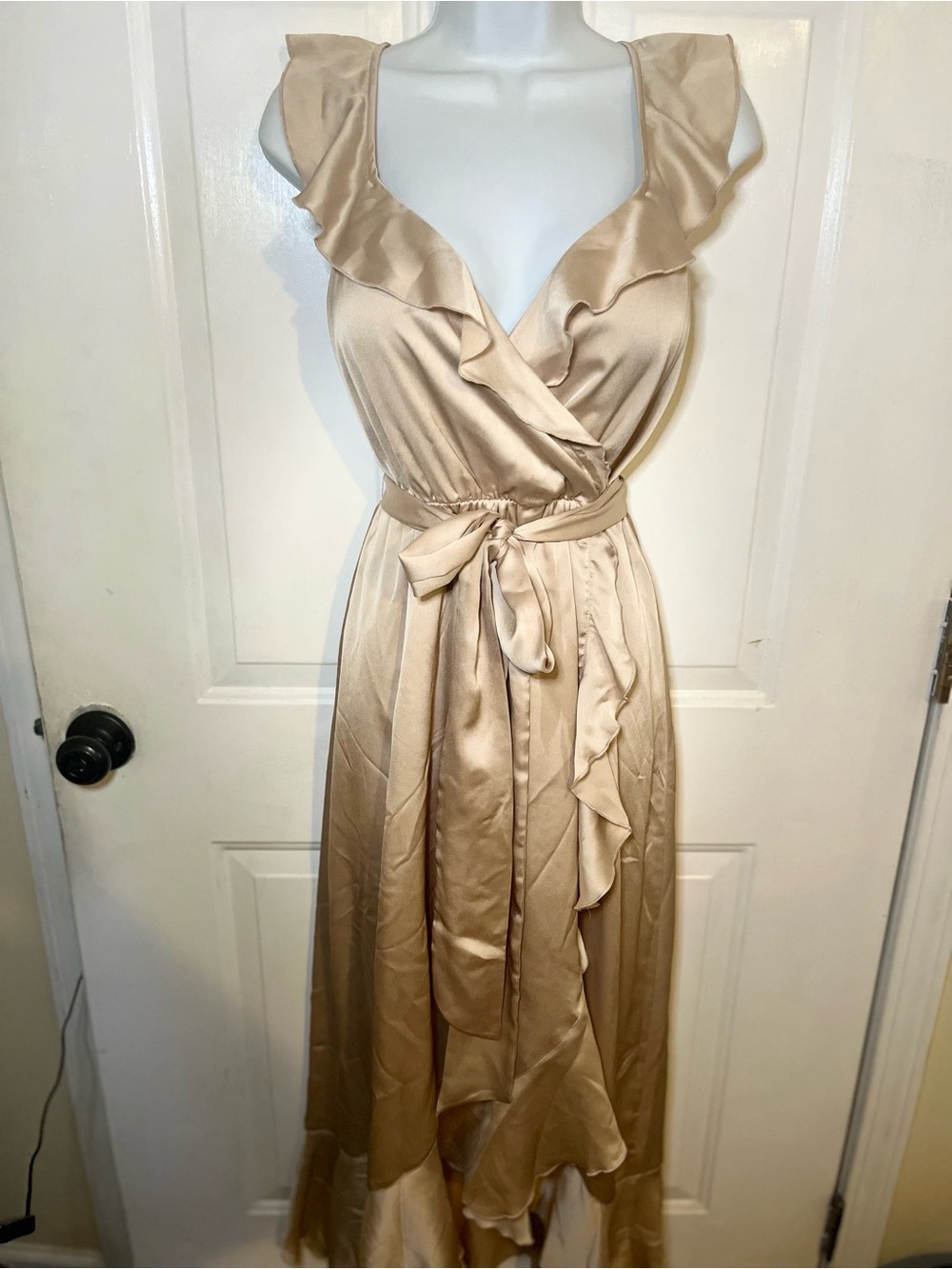 Show Me Your MuMu Champagne Satin Ruffle Wrap Maxi Dress